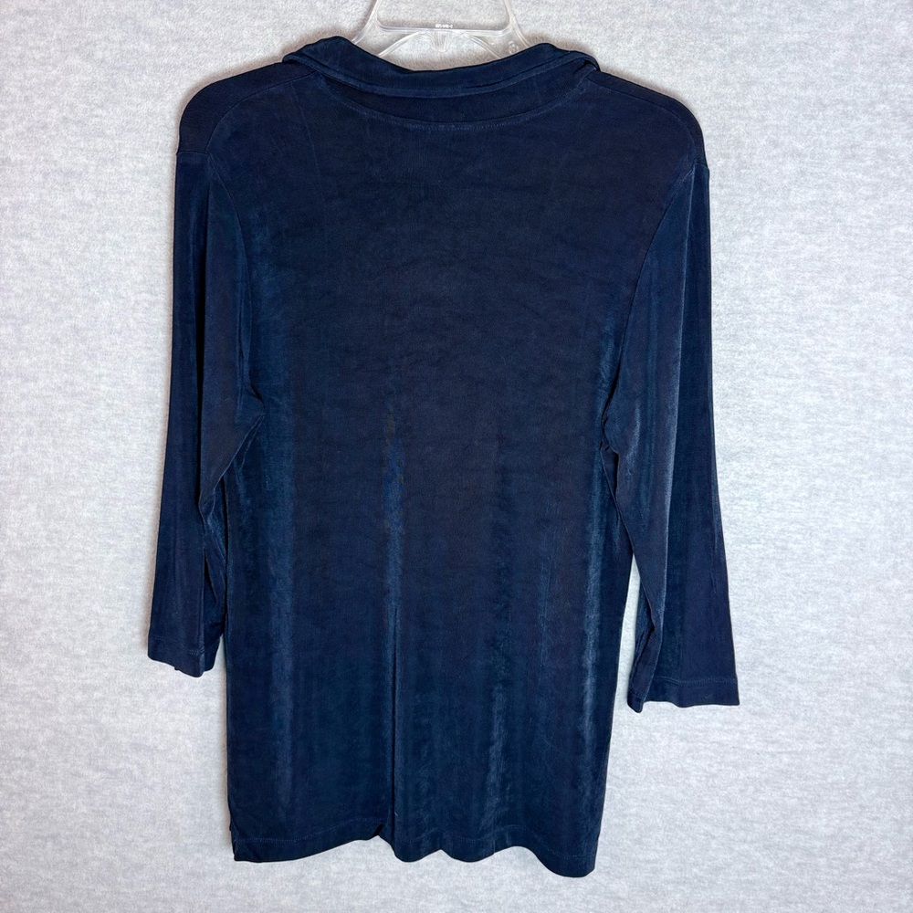 Chico's Travelers 2 L Collared V-Neck Pullover Tunic Navy Blue 3/4 Sleeve Slinky - Picture 5 of 11